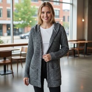 Mod-o-doc Long Sleeve Open Front Tunic Length Cardigan with Hood Size Small‌‌